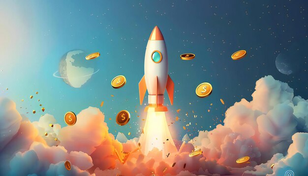 a rocket flying in the sky with gold coins around it