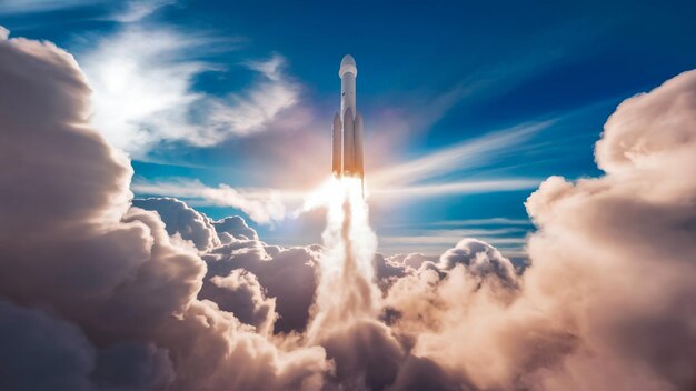 Photo a rocket flying in the sky with the sun rising behind it