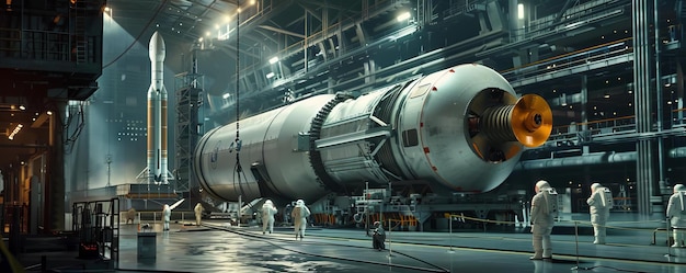 Rocket in a hangar being prepared for launch technicians in motion hyperrealistic under the harsh artificial lights of the facility