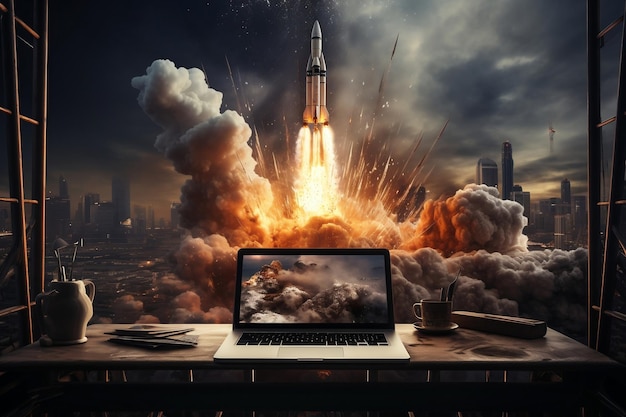 A rocket launch depicted on a laptop screen Generative Ai