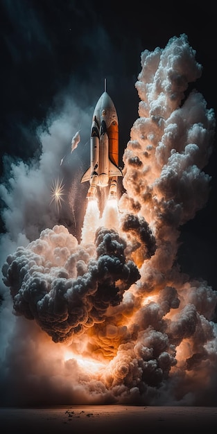 Rocket launch into space with heavy smoke and flames epic image Generative Ai