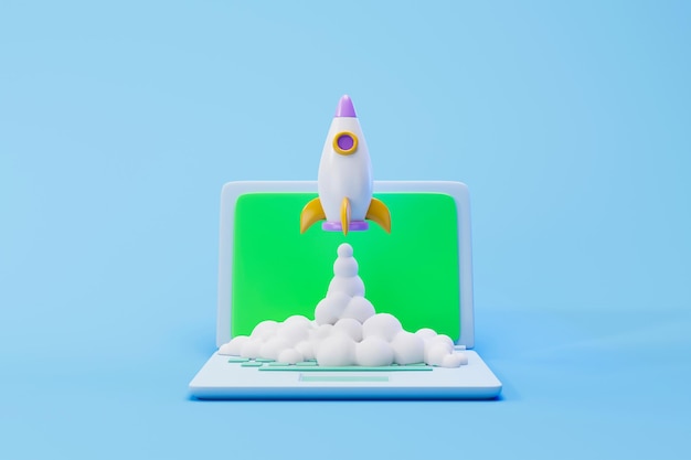 Rocket launch on laptop flying rocket icon business startup project concept 3d illustration