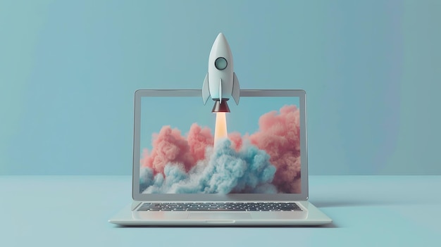 Rocket Launch on Laptop in the Style of Digital Illustration Blue Background