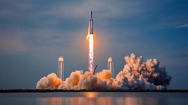 Rocket launch during nighttime with flames and smoke illuminating the sky