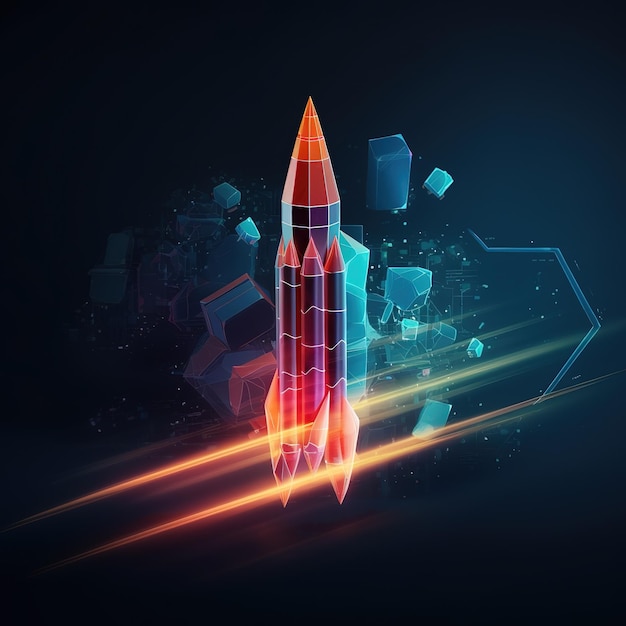 Rocket launch and schedule are growing Low poly style Abstract neon frame style Generative AI