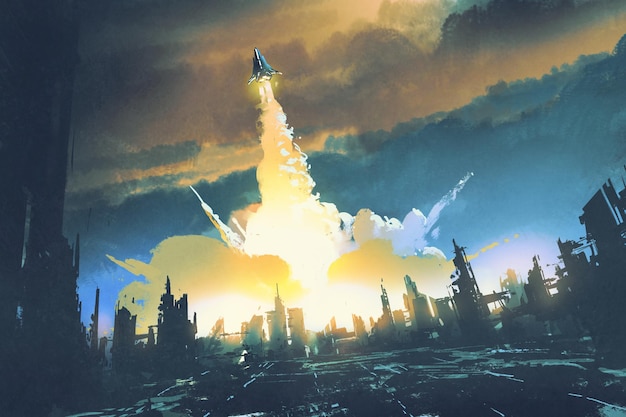 rocket launch take off from an abandoned city,sci-fi concept,illustration painting