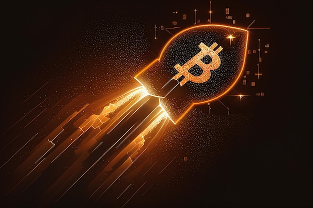 Rocket launcher in the Bitcoin logo represents cryptocurrencies price rising up going to the moon generative AI