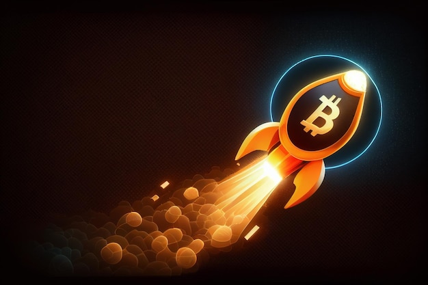 Rocket launcher in the Bitcoin logo represents cryptocurrencies price rising up going to the moon generative AI