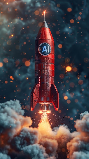 Photo a rocket launches with ai emblazoned symbolizing the synergy between startups and artificial intelli