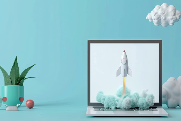 Photo rocket launching from laptop screen on light blue background