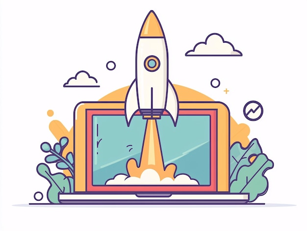 Rocket Launching from Laptop Screen a Minimalist Flat Illustration Representing Startup Gr