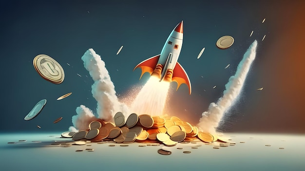 A rocket launching into a pile of gold coins.