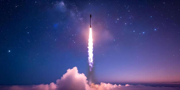 Rocket launching into starry sky emitting smoke heading to space Concept Space Exploration Rocket Launch Starry Sky Smoky Trail Outer Space