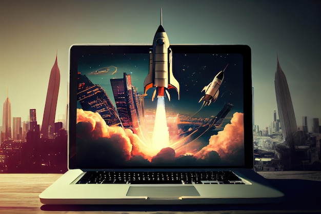 Rocket launching out of laptop screen against futuristic cityscape created with generative ai