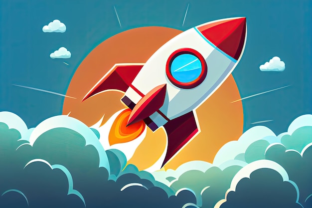 Rocket launching start cartoon simple 2d poster design illustration Generative AIxA