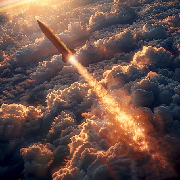 Photo rocket launching through cloudy skies at dusk with fiery trajectory