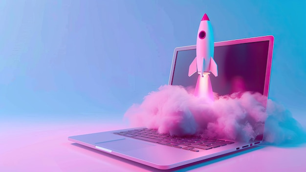 Rocket lifted off from laptop Digital illustration of startup concept