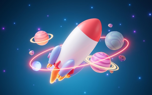 Rocket and outer space 3d rendering