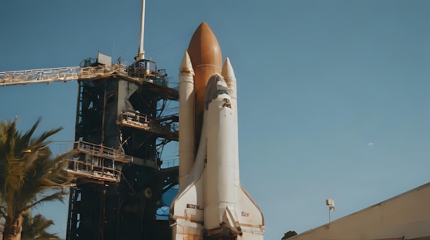 Photo a rocket on a platform with a crane in the background