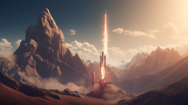 A rocket ship flies through a desert with mountains in the background.