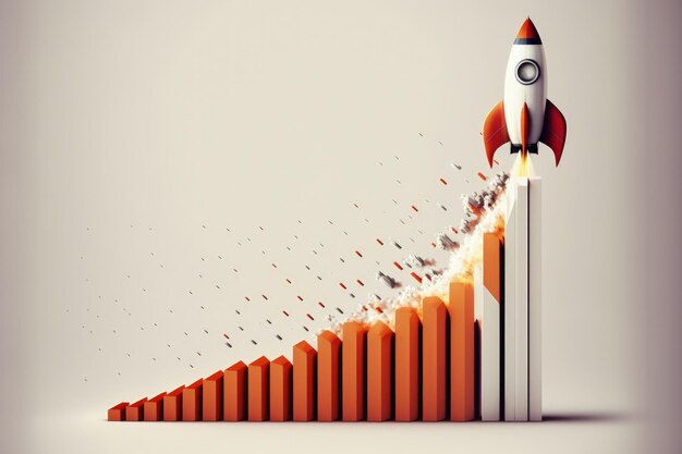 Rocket ship illustration with bar chart white background Generative AI