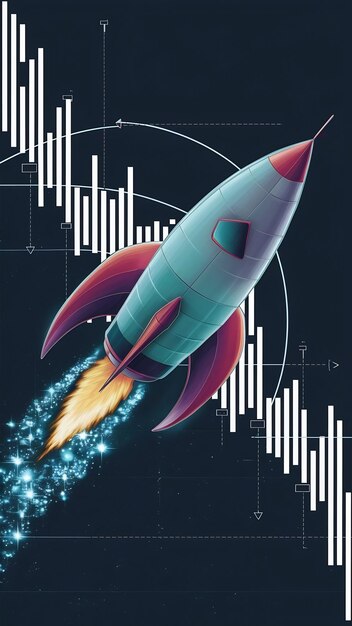 Rocket ship illustration with bar chart white background