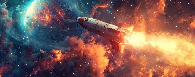 Rocket ship sleek design speeding through a galaxy filled with colorful nebulae and distant planets 3D render Golden hour Fisheye Effect