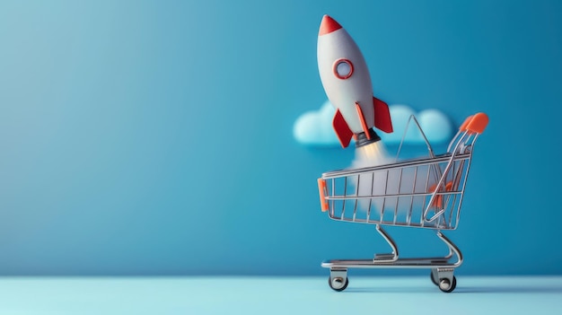 Photo rocket shopping cart ecommerce launch concept