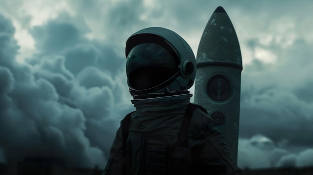 Rocket Space helmet Intrepid adventurer Landing on a distant planet Stormy weather Photography Backlighting HDR effect Silhouette shot