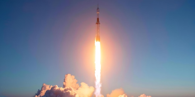 Rocket successfully launched into a blue sky marking a successful space mission Concept Space Exploration Rocket Launch Successful Mission Blue Sky Aerospace Technology