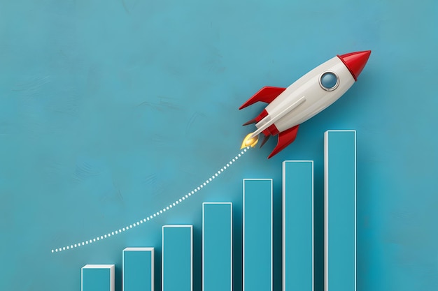 Rocket symbolizing growth trajectory showing progress over bar chart representing financial success