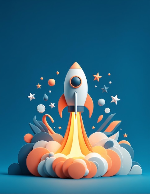 Rocket take off with flame minimalist cartoon 3D style illustration