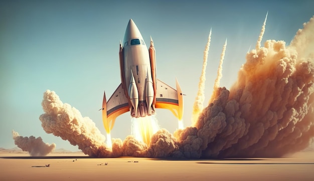 A rocket takes off from a desert.