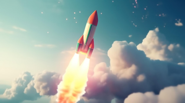 A rocket takes off into the sky.