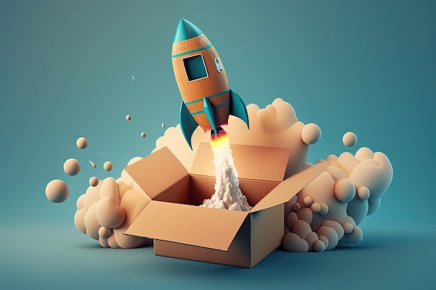 Rocket taking off from cardboard box on blue background 3D illustration AI