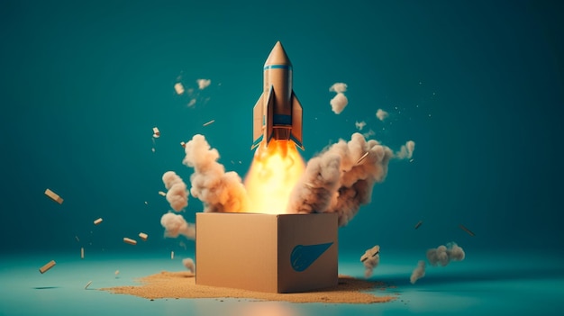 Rocket taking off from cardboard box on blue background 3D illustration Generative AI