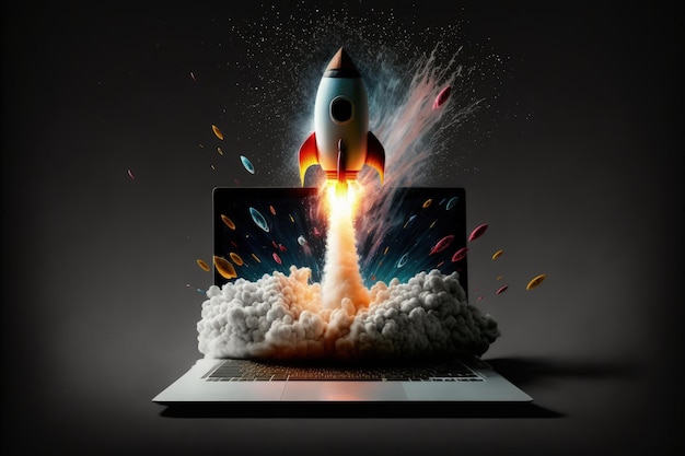 Rocket taking off from laptop screen on black background startup concept Generative AI