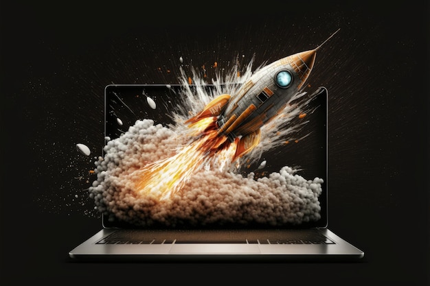 Rocket taking off from laptop screen on black background startup concept Generative AI