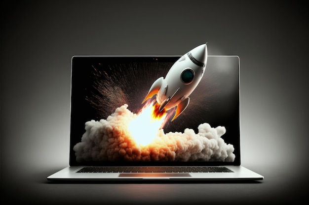 Rocket taking off from laptop screen on black background startup concept Generative AI