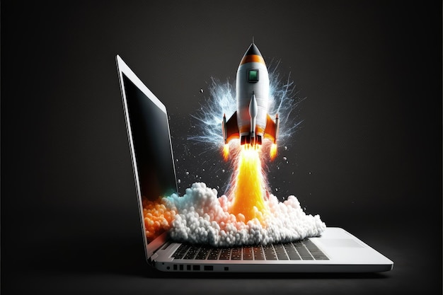 Rocket taking off from laptop screen on black background startup concept Generative AI