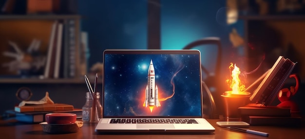 Rocket taking off from laptop screen concept of innovation and digital progress Generative AI