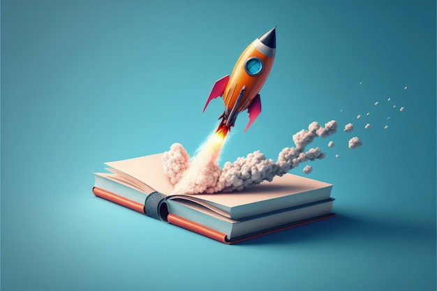 Rocket taking off from notebook blue background startup creation concept AI