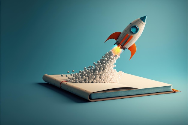 Rocket taking off from notebook blue background startup creation concept AI