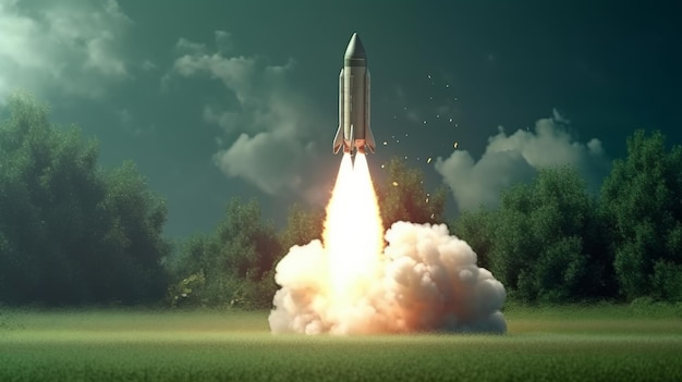 Rocket taking off isolated on green background Generative ai