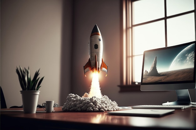 Rocket taking off over office desk AI