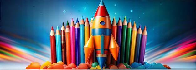 A rocket with colored pencils and a bunch of them