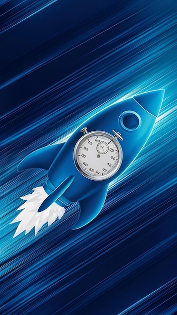 Photo rocket with stopwatch startup fast growth concept blue background