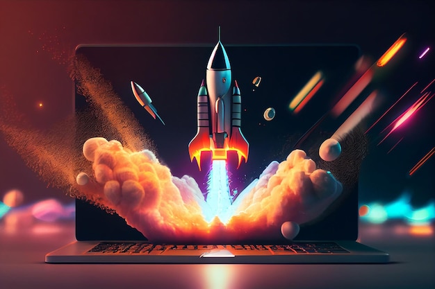 Rockets popping out of laptop screen startup conceptgenerative ai