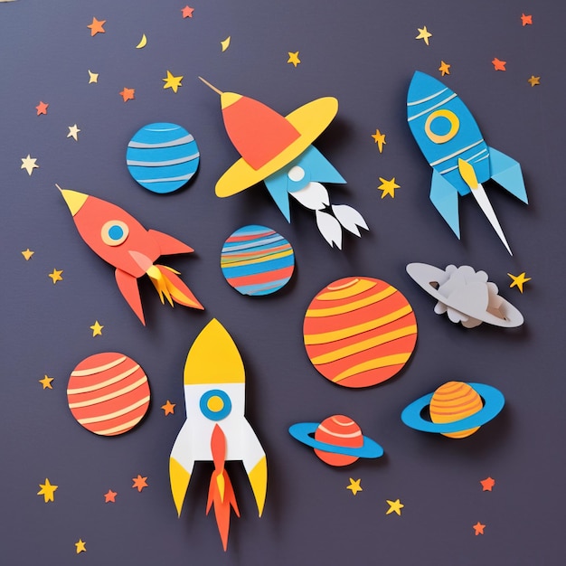 Photo rockets in space made of paper traditional papercut paper crafted handmade decoration children ill