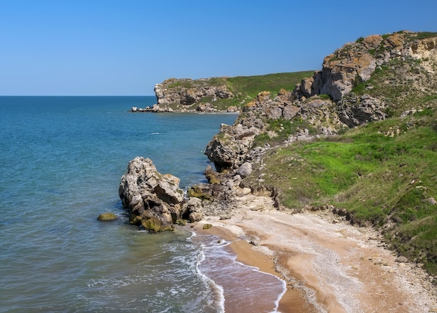 Rocks beaches and beautiful turquoise sea water Exotic beach Tranquility of turquoise sea water Beautiful landscape Composition of nature General's Beaches Crimea